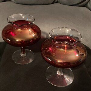 VTG 1950's-Set of 2 Cranberry Red Flash Glass Crimped Bud Vases-5” Tall-GUC